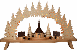 Schwibbogen Seiffener Kirche mit 2 beleuchteten Bäumen - 80 cm