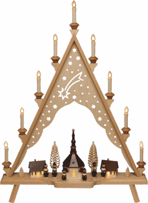 Lichterecke Seiffener Kirche mit beleuchteten Häusern - 60 cm